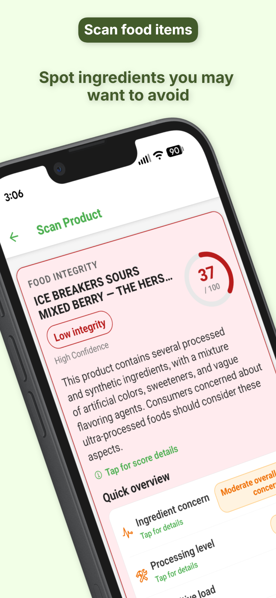 KarbCoach grocery barcode scan with a low Food Integrity score