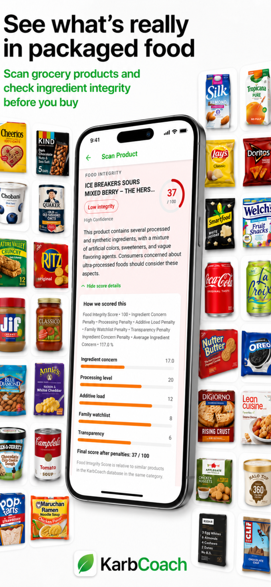 KarbCoach packaged food Food Integrity score result