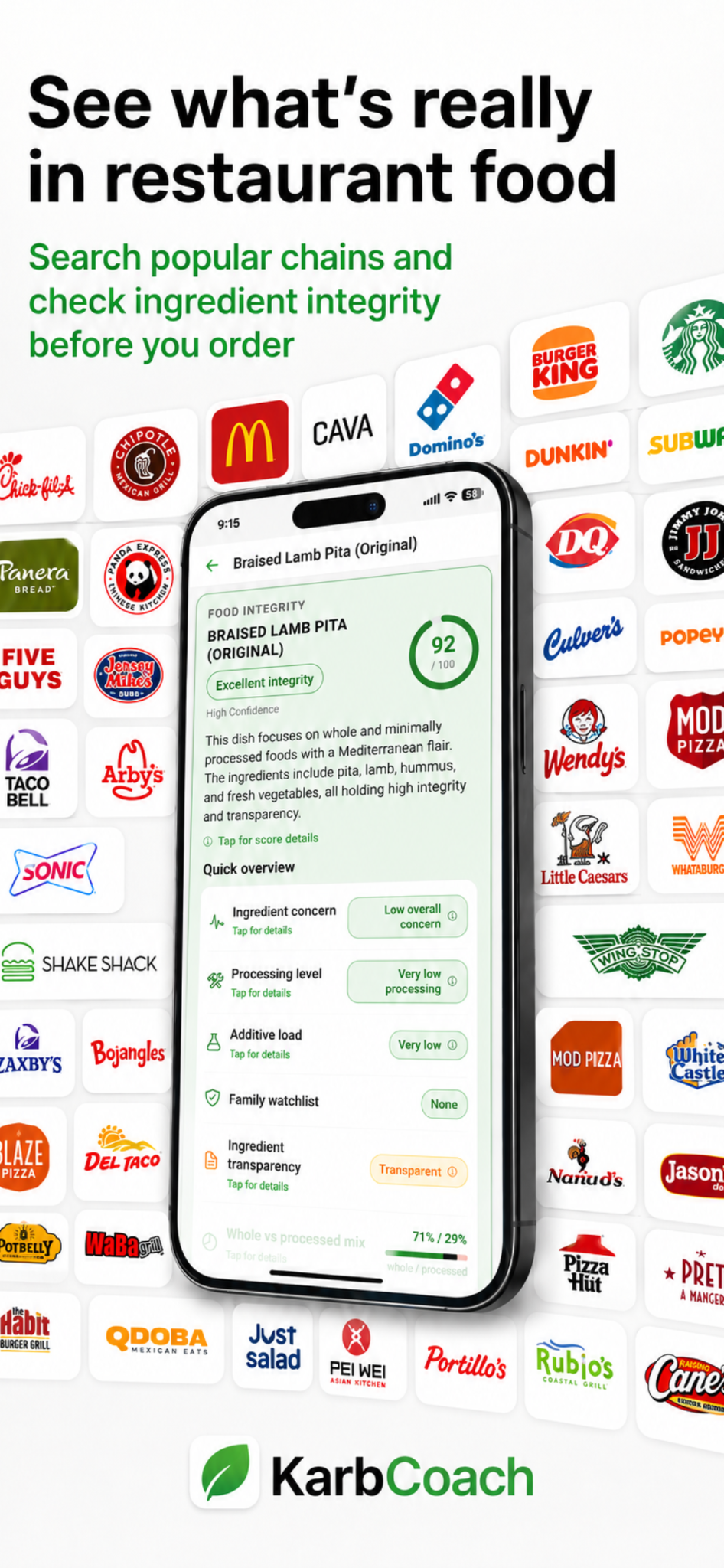 KarbCoach restaurant item Food Integrity score result