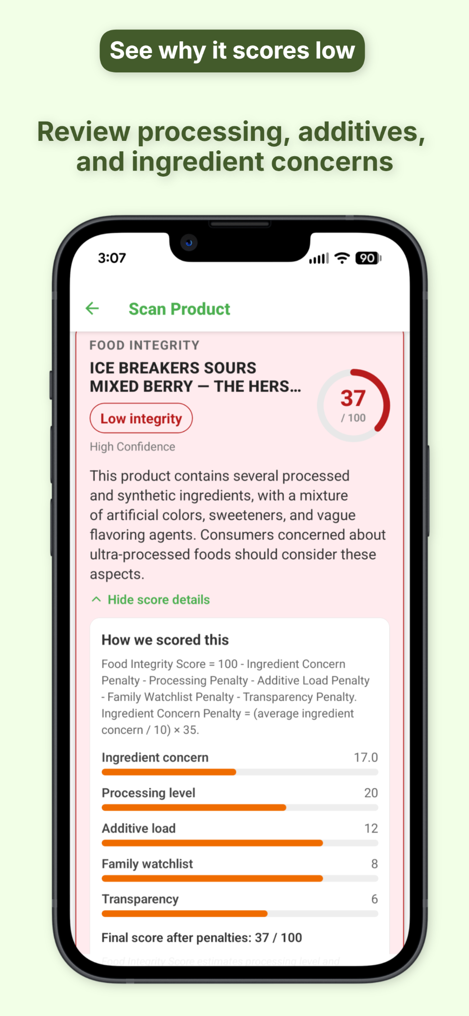 KarbCoach Food Integrity score details with processing and additives