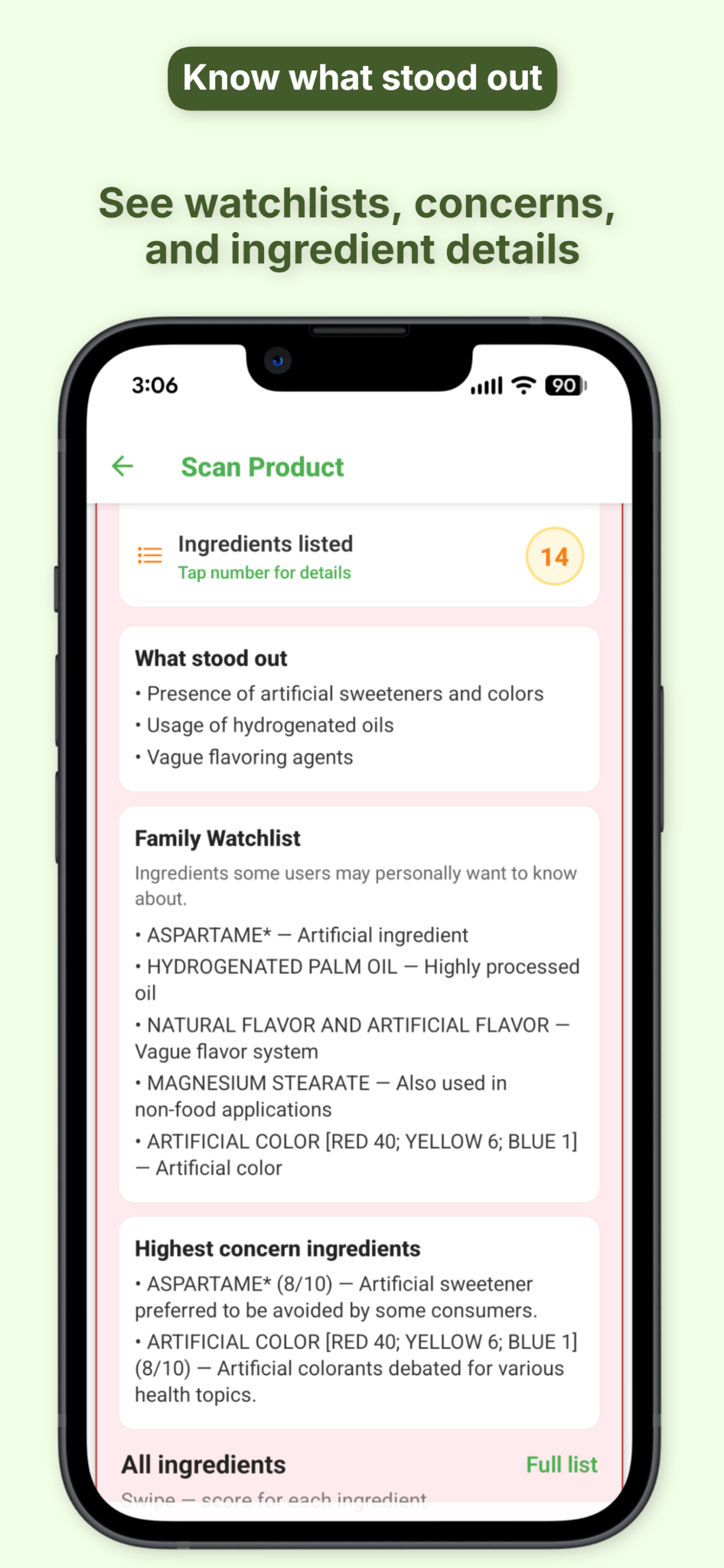 KarbCoach watchlists, concerns, and ingredient details screen