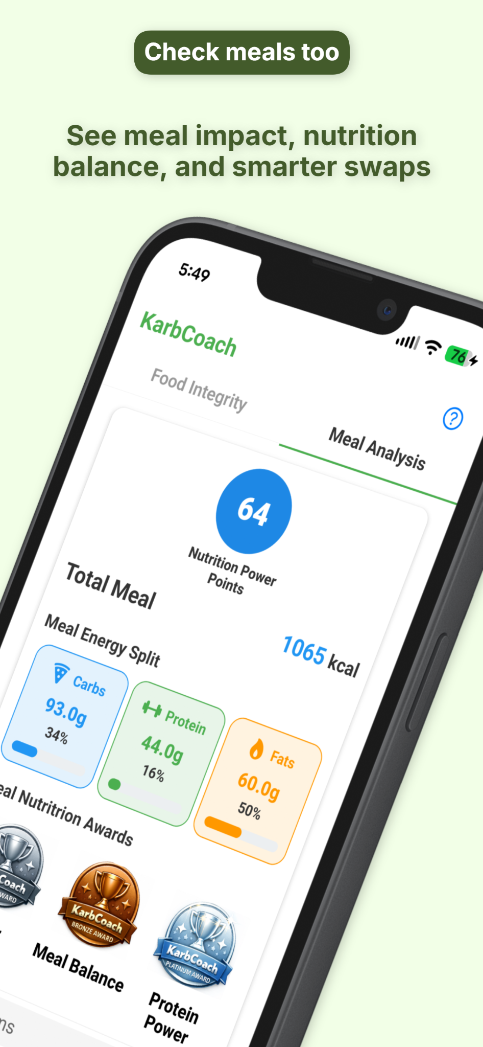KarbCoach meal analysis with Nutrition Power Points