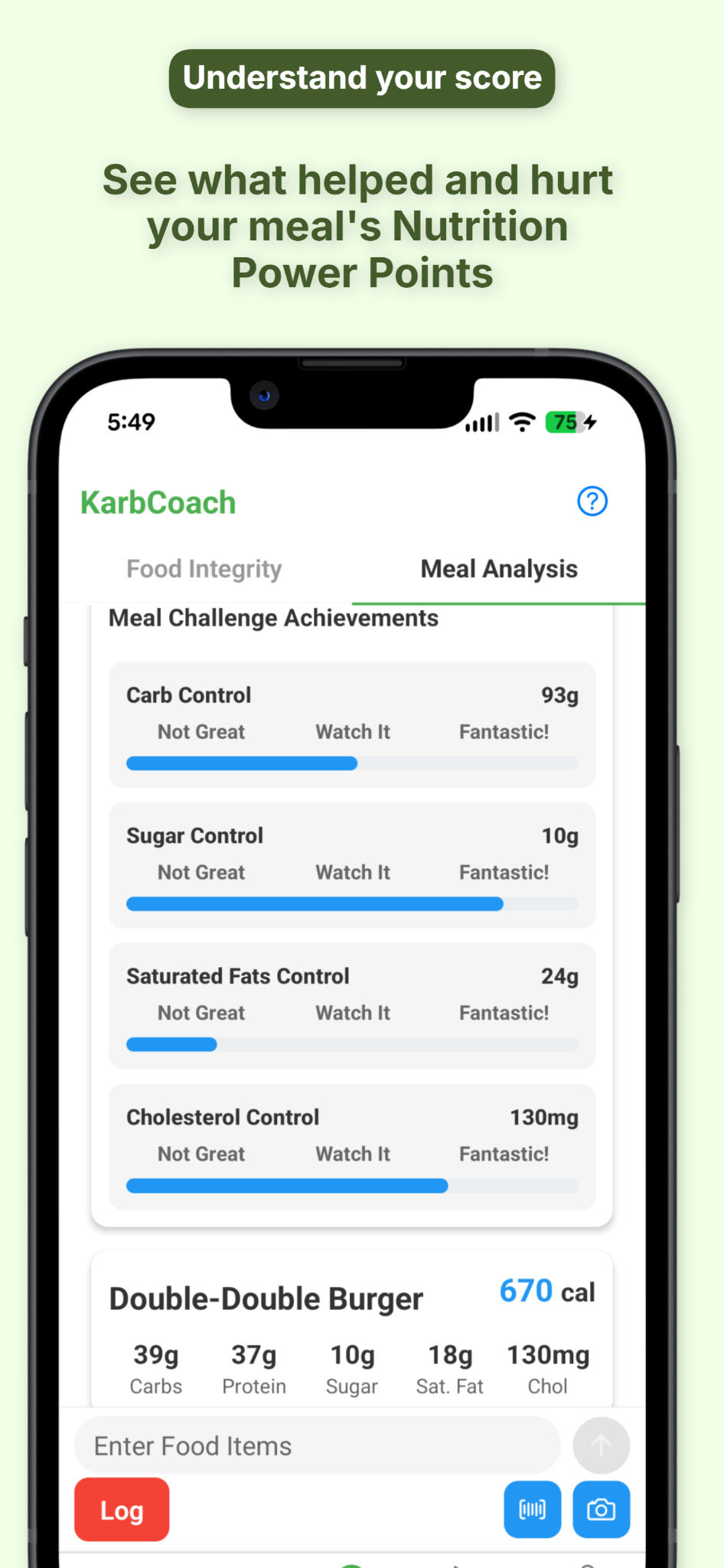 KarbCoach meal score breakdown screen