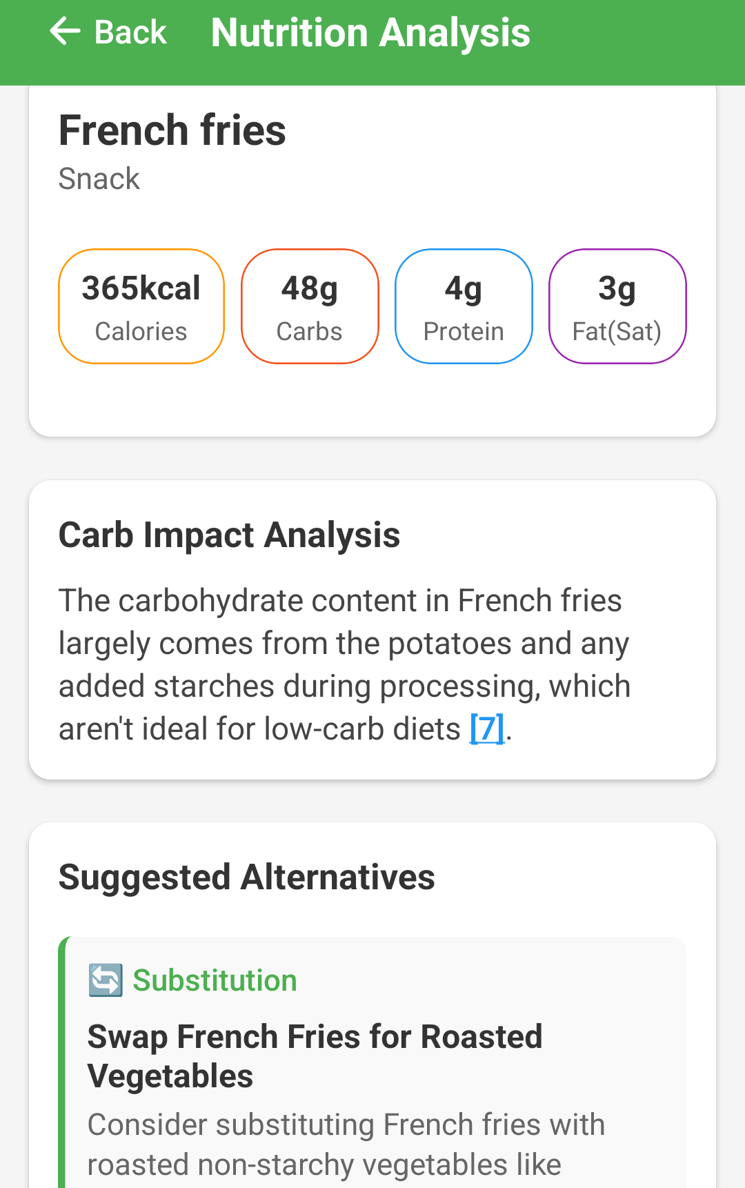 KarbCoach customized meal guidance screen